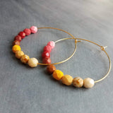 Beaded Hoop Earrings - red pink beads, large gold hoops, summer earring, tropical earring, bold earring, colorful hoop earring, bright color