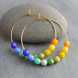 Chunky Bead Earrings - large gold hoop, summer earrings, beaded hoops, bright colorful earring, green blue yellow beads, tropical earrings