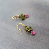 Holiday Earrings, holly berry earring, holly earring, olive green hot pink crystals, Christmas earring, Christmas glam, crystal earring, winter earring, Xmas