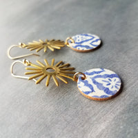 Blue Gold Sun Earrings, Moroccan earring, cork earring, blue white earring, tile pattern earring, sun ray dangle, 2.5 inch long, sunshine