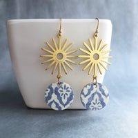 Blue Gold Sun Earrings, Moroccan earring, cork earring, blue white earring, tile pattern earring, sun ray dangle, 2.5 inch long, sunshine