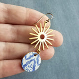 Blue Gold Sun Earrings, Moroccan earring, cork earring, blue white earring, tile pattern earring, sun ray dangle, 2.5 inch long, sunshine