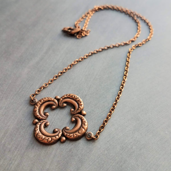 Copper Clover Necklace, 4 lobe pendant, antique copper necklace, aged copper clover necklace, copper clover pendant, large clover necklace