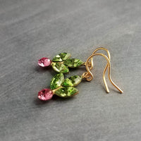 Gold Holiday Earrings, holly berry earring, holly earring, berries Christmas earring, Xmas Christmas glam, holiday crystal earring, peridot green pink