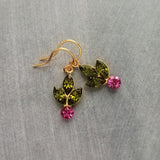 Holiday Earrings, holly berry earring, holly earring, olive green hot pink crystals, Christmas earring, Christmas glam, crystal earring, winter earring, Xmas