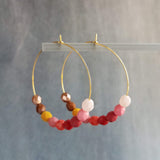 Beaded Hoop Earrings - red pink beads, large gold hoops, summer earring, tropical earring, bold earring, colorful hoop earring, bright color