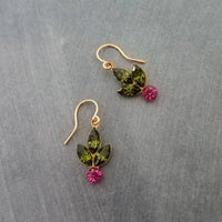 Holiday Earrings, holly berry earring, holly earring, olive green hot pink crystals, Christmas earring, Christmas glam, crystal earring, winter earring, Xmas