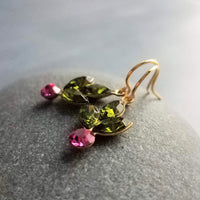 Holiday Earrings, holly berry earring, holly earring, olive green hot pink crystals, Christmas earring, Christmas glam, crystal earring, winter earring, Xmas