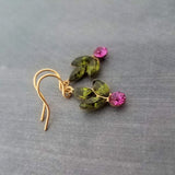 Holiday Earrings, holly berry earring, holly earring, olive green hot pink crystals, Christmas earring, Christmas glam, crystal earring, winter earring, Xmas