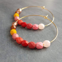 Beaded Hoop Earrings - red pink beads, large gold hoops, summer earring, tropical earring, bold earring, colorful hoop earring, bright color