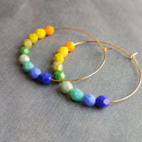 Chunky Bead Earrings - large gold hoop, summer earrings, beaded hoops, bright colorful earring, green blue yellow beads, tropical earrings