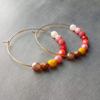 Beaded Hoop Earrings - red pink beads, large gold hoops, summer earring, tropical earring, bold earring, colorful hoop earring, bright color