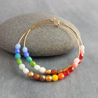 Rainbow Bead Earrings, large thin gold hoop, summer earring, beaded hoop, colorful earring, multicolor beads earring, rainbow earring, ombre