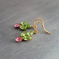 Gold Holiday Earrings, holly berry earring, holly earring, berries Christmas earring, Xmas Christmas glam, holiday crystal earring, peridot green pink