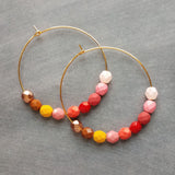 Beaded Hoop Earrings - red pink beads, large gold hoops, summer earring, tropical earring, bold earring, colorful hoop earring, bright color