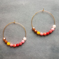 Beaded Hoop Earrings - red pink beads, large gold hoops, summer earring, tropical earring, bold earring, colorful hoop earring, bright color