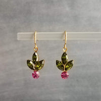 Holiday Earrings, holly berry earring, holly earring, olive green hot pink crystals, Christmas earring, Christmas glam, crystal earring, winter earring, Xmas