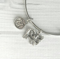 English Bulldog Bracelet - adjustable silver bangle double loop pet dog charm - personalized letter - flat face puppy British mascot snort - Constant Baubling