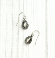 Small Silver Drop Earrings - antique black accent Bali beaded ethnic design - little simple ball dot edge - Boho Bohemian teardrop - Constant Baubling