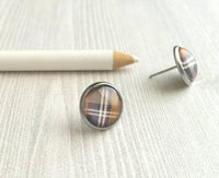 Brown Plaid Earrings, winter earring, flannel earring, plaid stud, round stud earring, brown white grey, stainless steel hypoallergenic stud - Constant Baubling