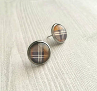 Brown Plaid Earrings, winter earring, flannel earring, plaid stud, round stud earring, brown white grey, stainless steel hypoallergenic stud - Constant Baubling