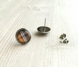 Brown Plaid Earrings, winter earring, flannel earring, plaid stud, round stud earring, brown white grey, stainless steel hypoallergenic stud - Constant Baubling