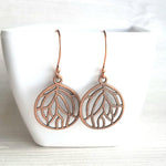 Copper Leaf Earrings - round floral filigree cut out design - light antique finish - simple boho Bohemian unique rustic red brown aged - Constant Baubling