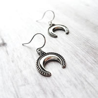 Horn Earrings - small silver antiqued celestial crescent moon charms - little Bali style beaded ball edge - dainty sterling hook upgrade - Constant Baubling