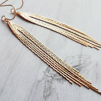 Chain Fringe Earrings, 14K gold fill hooks, long gold chain earring, flexible strands, gold tassel earring, flowing sexy earring v cut shape - Constant Baubling