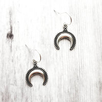 Horn Earrings - small silver antiqued celestial crescent moon charms - little Bali style beaded ball edge - dainty sterling hook upgrade - Constant Baubling