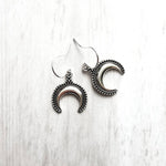 Horn Earrings - small silver antiqued celestial crescent moon charms - little Bali style beaded ball edge - dainty sterling hook upgrade - Constant Baubling