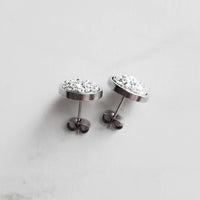 Small Silver Studs, faux druzy earring, stone earring, hypoallergenic steel, round metallic stud, rough stone, jagged bumpy druzy rock - Constant Baubling