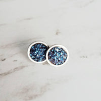 Blue Earring Studs, metallic blue studs, large round studs, hypoallergenic, faux druzy earring, cobalt purple rough stone, iridescent rock - Constant Baubling