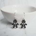 Gingerbread Men Earrings, silver Christmas earring, cookie earring, gingerbread earring, antique silver Xmas earring, bow tie gingerbread - Constant Baubling