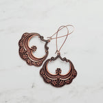 Large Antique Copper Earrings, oval copper earring, copper flourish, embossed copper earring, scalloped edge earring, kidney ear wires, 3 in - Constant Baubling