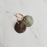 Copper Disk Earrings, copper earrings, rustic earring, wavy disk earring, patina earring, blue green earring, verdigris patina, round disk - Constant Baubling