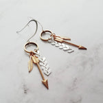 Gold and Silver Earrings, tribal earring, mixed metal earring, gold arrow earring, Boho earring, gold feather earring, long dangle earring - Constant Baubling