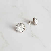 Small Silver Studs, faux druzy earring, stone earring, hypoallergenic steel, round metallic stud, rough stone, jagged bumpy druzy rock - Constant Baubling