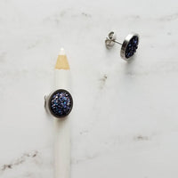 Blue Earring Studs, metallic blue studs, large round studs, hypoallergenic, faux druzy earring, cobalt purple rough stone, iridescent rock - Constant Baubling