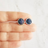 Blue Earring Studs, metallic blue studs, large round studs, hypoallergenic, faux druzy earring, cobalt purple rough stone, iridescent rock - Constant Baubling