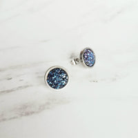 Blue Earring Studs, metallic blue studs, large round studs, hypoallergenic, faux druzy earring, cobalt purple rough stone, iridescent rock - Constant Baubling