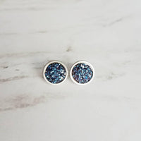 Blue Earring Studs, metallic blue studs, large round studs, hypoallergenic, faux druzy earring, cobalt purple rough stone, iridescent rock - Constant Baubling