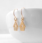 Tiny Birdhouse Earrings, gold birdhouse, silver birdhouse, small bird earring, bird dangle, little gold dangle, dainty earring, bird house - Constant Baubling