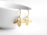 Gold Leaves Earrings, small leaf earring, leaf dangle earring, leaflet earring, 3 leaf earring, matte gold leaf, bridesmaid wedding jewelry - Constant Baubling