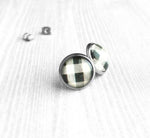 Buffalo Plaid Earrings - black white check flannel winter pattern print under glass - stainless steel hypoallergenic studs - ivory cream - Constant Baubling