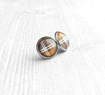 Brown Plaid Earrings, winter earring, flannel earring, plaid stud, round stud earring, brown white grey, stainless steel hypoallergenic stud - Constant Baubling