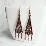 Copper Chandelier Earrings - oxidized dangle teardrops on ornate flourish triangle, handmade antique boho style, 2 inch rustic earring - Constant Baubling