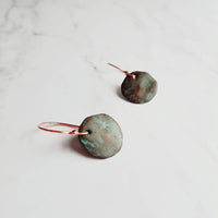 Copper Disk Earrings, copper earrings, rustic earring, wavy disk earring, patina earring, blue green earring, verdigris patina, round disk - Constant Baubling