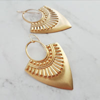 Shield Earrings - 14k gold fill ear wire hooks w/ raised design tribal spear shape medallions in raw brass - jewelry handmade in Michigan - Constant Baubling