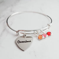 Grandma Bracelet, birthstone bracelet, silver adjustable bangle, mothers day gift, grandchildren, memento bracelet, keepsake gift, charm - Constant Baubling